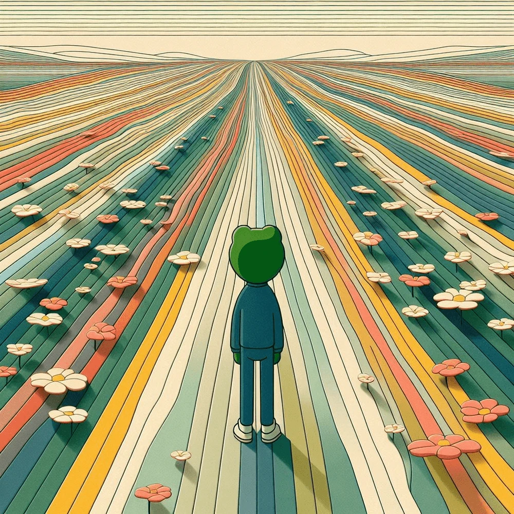 Pepe, seen from behind in a blue tracksuit and white trainers, stands on a field of stripes in green, yellow, coral and cream that run to the horizon, scattered with pale flowers.